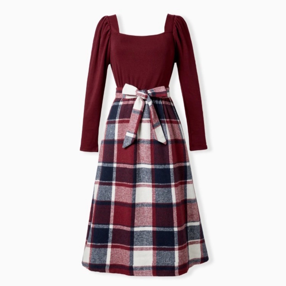 Women Long Sleeve Plaid Design Shirts and Knit Splicing Belted Dresses WineRed